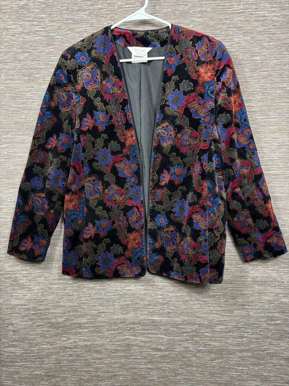 Vintage TanJay Blazer Jacket Womens 10 Multicolor Floral Velvet Open Front